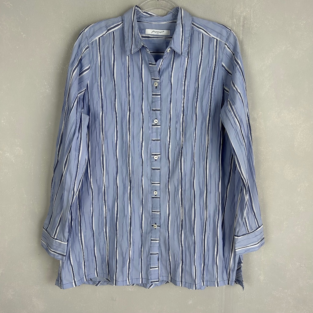 Foxcroft Size 14 Santino Long Sleeve Button Up Shirt Blue Stripe Textured New